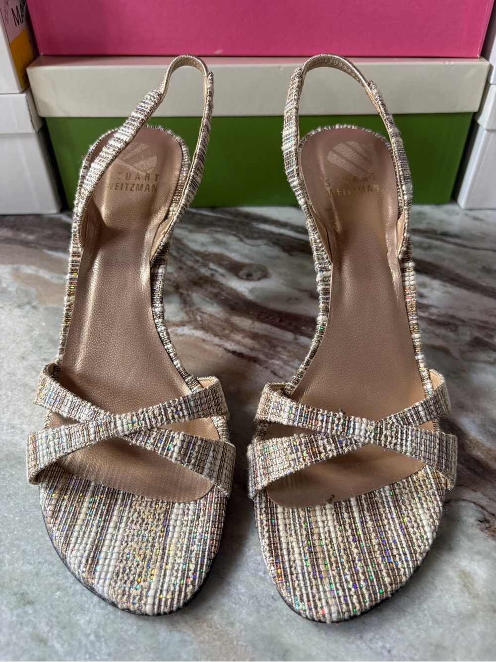 Stuart Weitzman Neutral Multicolor Woven Slingback Sandals